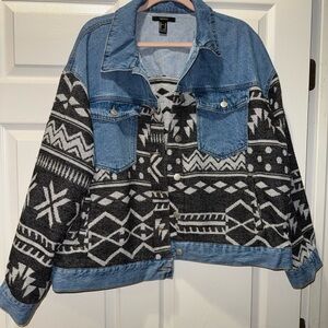 Forever21+ Blue Denim and Black Patterned Denim Jacket